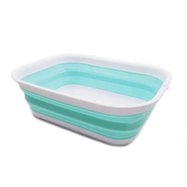 SAMMART 12L (3.17 Gallon) Collapsible Tub - Foldable Dish Tub - Portable Washing Basin - Space Saving Plastic Washtub (1, White/Lake Green)