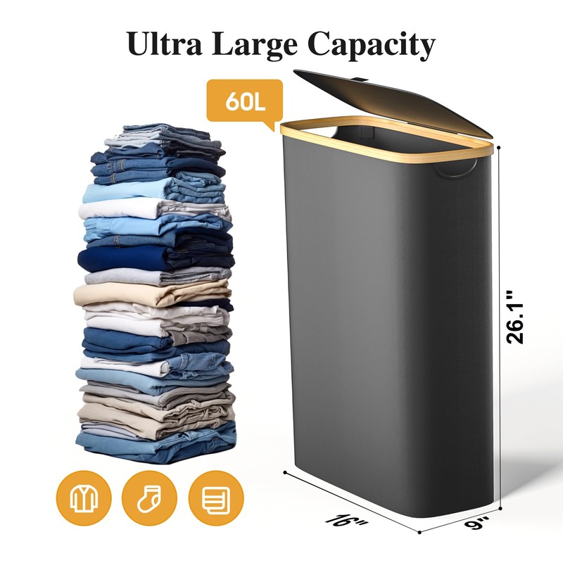 Foluck Slim Laundry Hamper, 60L Waterproof Narrow Laundry Basket with