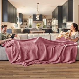 Bedsure 100% Cotton Blanket Queen Size for Bed - Breathable and Soft, Waffle Weave Blanket for Summer Spring, Dusty Rose, 90x90 Inches
