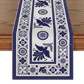 Artoid Mode - Camino de mesa mexicano con diseño de pájaro floral Día de los Muertos, azulejos azules de retazos, decoración de mesa de cocina y comedor para decoración del hogar y fiestas, 13 x 72