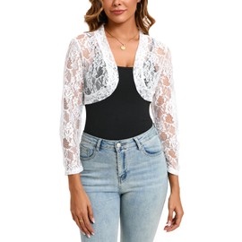 Malarocoby Women's 3 4 Sleeve Shrug Crochet Lace Cardigan Crop Top Crochet Lace Cardigan Sheer Cover Up