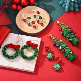 TRWWELL 4 Pairs Christmas Earrings for Women Colorful Light Bulb Earrings Wreath Earrings Christmas Tree Tassel Earrings Xmas Bow Earrings Holiday Party Jewelry Gifts