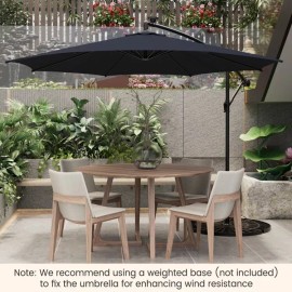 COSTWAY Patio Offset Umbrella Market Crank Hanging Umbrella w/ Solar-Powered LED Lights