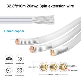 RGBZONE 32.8FT/10M 20AWG 3-Pin Wire Tinned Copper Stranded Insulated Low Voltage Cable for LED Lights Lamps Lighting Automotive