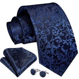 Enlision Men's Navy Blue Tie and Pocket Square Cufflinks Set for Wedding Floral Jacquard Navy Necktie Handkerchief Set Party Business Formal