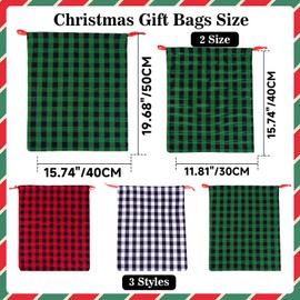jijAcraft Christmas Drawstring Gift Bags: 6Pcs Xmas Cotton Bags with Red Green Black White Plaid, 50x40CM & 40x30CM Large Reusable Christmas Sacks for Gift Wrapping, Xmas Tree & Party Decoration