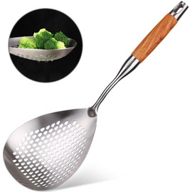 MARTE Skimmer Slotted Spoon -16.5in 304 Stainless Steel Pasta Spider Strainer Skimmer Ladle Spoon for Cooking and Frying - Kitchen Metal Scoop Colander Strainer Spoon with Heat Resistant Wooden Handle