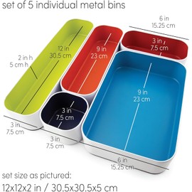 Three by Three Seattle 5 Piece Metal Organizer Tray Set for Storing Makeup, Stationery, Utensils, and More in Office Desk, Kitchen and Bathroom Drawers (2 Inch, Assorted Colors)