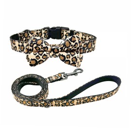 Olahibi Dog Bowtie Collar and Leash Combo Set, Brown Leopard Pattern, Nylon Webbing Plus Cotton Ribbon, 150CM Leash, for Small Dogs.(S, Brown Leopard)