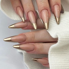 LRKNNO Gold French Tips Press on Nails Medium Stiletto Long Fake Nails Almond Shape Designs Full Cover False Nails Mirror Nail Tips Glue on Nails Acrylic Nails for Women Artificial Manicure 24Pcs