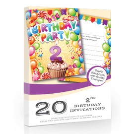 Olivia Samuel 20 x 2nd Birthday Party Invites from Boy or Girl Bright Fun Design - Ready to Write with Envelopes