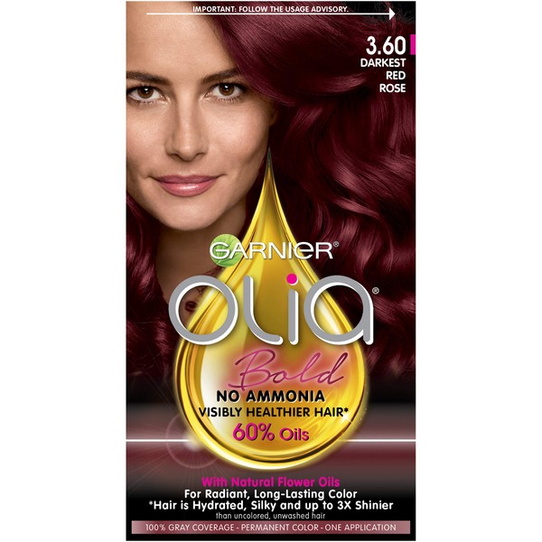 Garnier Olia Ammonia-Free Brilliant Color Oil-Rich Permanent Hair Color, 3.60 Darkest Red Rose (Pack of 1) Red Hair Dye (Packaging May Vary)