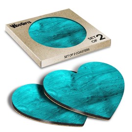 2 x Heart Coasters - Teal Blue Texture Pattern Cork Backed MDF Glossy Tea Coffee Accessory #52238