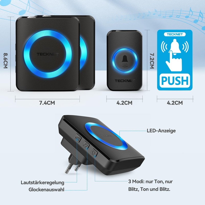 TECKNET Wireless Doorbell, Wireless Doorbell Set, 400 m Range, IP65