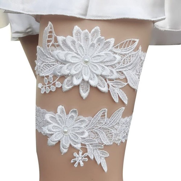 Carufin Bridal Wedding Garter Lace Garter Elastic Leg Ring Flower Prom Garter Set Bridal Accessories for Women and Girls, White