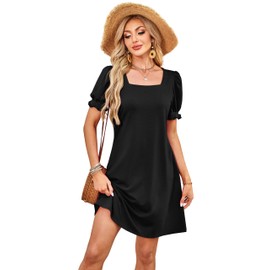 RUMIA Summer Dresses for Women 2025 Casual Cute Square Neck Puff Short Sleeve Dress with Pockets (Black M)