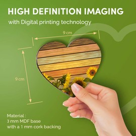 Destination Vinyl ltd Great Coasters (Set of 4) Heart - Sunflowers on Rustic Wood Flowers Sun Drink Glossy Coasters/Tabletop Protection for Any Table Type #14663