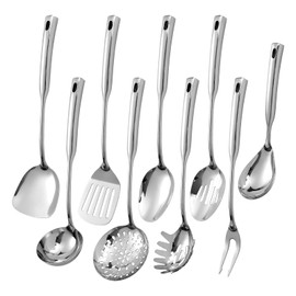 304 Stainless Steel Kitchen Cooking Utensils Set - 9 PCS Serving Utensils, Include Skimmer, Soup Ladle, Spaghetti Server, Wok Spatula, Slotted & Solid Spoon, Slotted Spatula Turner, Meat Fork (Silver）