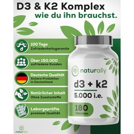Natural Vitamin D3 K2 Tablets High Dose - 5000 IU Vitamin D3 per Tablet, K2 as MK7, Vegan, No Additives [Pack of 180]