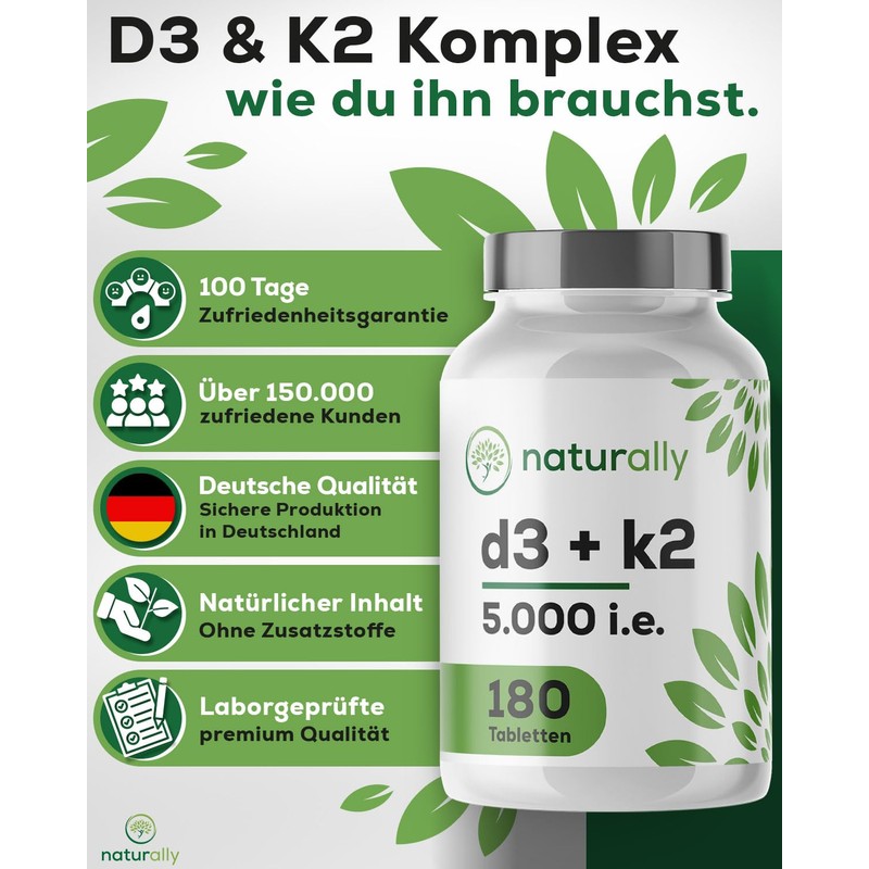 Natural Vitamin D3 K2 Tablets High Dose - 5000 IU