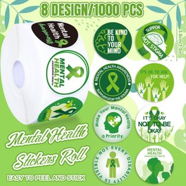 Whaline 1000 Pcs Mental Health Awareness Stickers Roll Positive Green Ribbon Self-Adhesive Sticker Decals for Students Psychology Scrapbook Journal Decor, 8 Designs