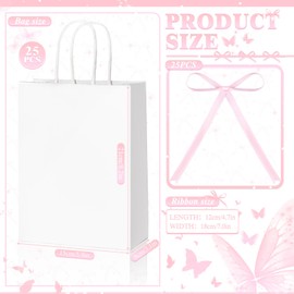 LIANGMIDA 25 Pcs Coquette Pink White Goodie Gift Bags Paper Cute Bow Birthday Idea Party Favors with Handles Candy Bags for Birthday Bridal Shower Baby Shower 8.2 x 5.9 x 3.1 In