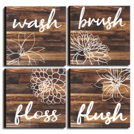 4 Pieces Bathroom Wall Decor Farmhouse Bathroom Decor Hanging Wooden Sign Bathroom Wall Art Bathroom Pictures Wall Decor Vintage Rustic Wall Sign Bathroom Quotes 5.9 x 5.9 Inches Unframed (Brown)