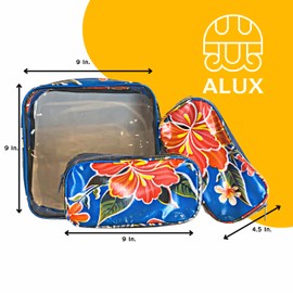 Alux 3-Pc Travel Makeup Bags for Women; Multi-Color, Chic and Stylish Travel Toiletry Bag Set; Large and Medium Makeup Bags for Vanity and Luggage and Small Makeup Bag for Purse - Hibiscus Blue