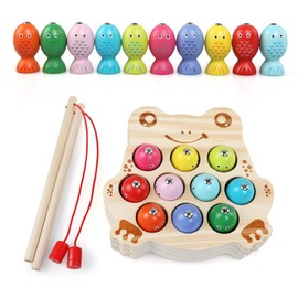 LinStyle Wooden Toy Fishing Game for Children, Montessori Learning Toy from 2 Years, Magnetic Fishing Game in Frog Shape, Christmas Toy Gift Girls Boys 2 3 4 5 Years