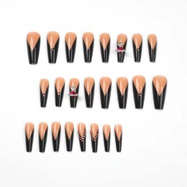 Nail Apparel Valentine's Day Hottie Long Coffin Press on Nails 3D Charm Hot Glitter Rhinestone Heart Pearl Bow Long Ballet Trapezoid Fake Nails 24Pcs (Black French 3D Saturn Rhinestone)
