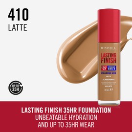Rimmel Rimmel Lasting Finish 35Hr Foundation 410 Latte, Full Coverage, Hydrating, SPF20, Hyaluronic Acid, Vitamin E, 2% Niacinamide, All Day Wear, Vegan, Cruelty Free