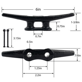 ORLANG 6 Inch Dock Cleats, Electrophoretic Coated Black Boat Cleats with Hardware, Boat Dock Cleats Rope Cleat for Boat Docks, Decks or Nautical Decor (2 Pack)