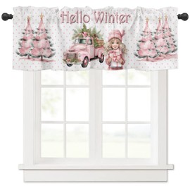 TTBDKKDM Hello Winter Pink Window Valance for Bedroom Living Room, Pink Christmas Window Curtain for Kitchen Bathroom, Pink Window Valance Rod Pocket Window Treatment, Xmas Home Decors, 54" W x 18" L