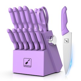 imarku Kitchen Knife Set, Sharp Knife Set with Built-in Sharpener, Stainless Steel Knife Set with Block and Non-Slip Ergonomic Handle, Dishwasher Safe, 14 PCS Professional Knife Set for Gift, Purple