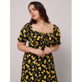 CIDER Plus Size Midi Dress Summer Fruit Patterned Square Neck Puff Sleeve Boho Vacation Casual Midi Dress for Curvy Women Black