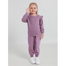 ESHOO Baby Girls 2 Pieces Outfits Toddler Ruffle Ribbed Long Sleeve Sweatshirt Pant Set Kids Solid Color Fall Winter Tracksuit