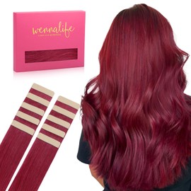 WENNALIFE Tape in Hair Extensions Human Hair, 10pcs 25g 14inch Burgundy Red Real Human Hair Extensions for Women Colored Soft Colorful Rallonge Cheveux Humain Naturel Straight Remy Girls Birthday Gift
