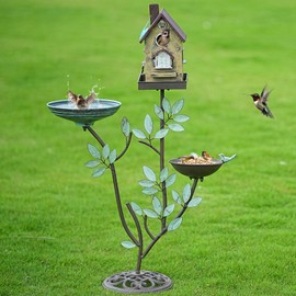 38" H Cast Iron Pedestal Bird Baths for Outdoors,3 in 1 Metal Bird Bath Bowl with Bird Houses and Bird Feeder,Garden Yard Decor