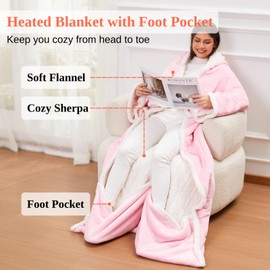 Klaggie Wearable Heated Blanket with Foot Pocket Sleeves, Heated Robe Heated Snuggie, 6 Heating Levels 4 Hours Auto-Off, Overheat Protection Machine Washable, 50”x70”, Pink