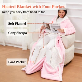 Klaggie Wearable Heated Blanket with Foot Pocket Sleeves, Heated Robe Heated Snuggie, 6 Heating Levels 4 Hours Auto-Off, Overheat Protection Machine Washable, 50”x70”, Pink