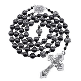 Nazareth Store Pardon Hematite Men Rosary Black Beads Stainless Knotted Necklace Miraculous Medal & Our Father Cross