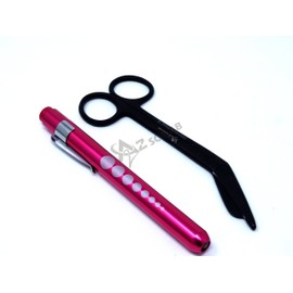 Heavy Duty Reusable Penlight + Tactical All Black Nurse Doctor Medical Lister Bandage Scissors Shears (A2ZSCILAB) (Pink + Black Bandage Scissors 5.5")