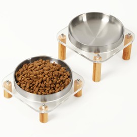 DoogCat Elevated Cat Bowls for Indoor Cats – Raised Acrylic Cat Bowl Stand with 5.5 Inch Wide Stainless Steel Dishes, Pet Food Table Plate for Easy Feeding, Whisker Friendly(Silver,Set of 2)