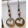 Bronze Etched Heart with Opalescent Dusty Rose Crystal Earrings LOVE