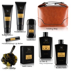 YARD HOUSE Bath and Body Gift Set for Men - Sandalwood Amber - Birthday, Christmas, Fathers Day Gifts From Wife Daughter Son for Husband, Dad - Relax Spa Kit w. Full Size Items in Deluxe Toiletry Bag