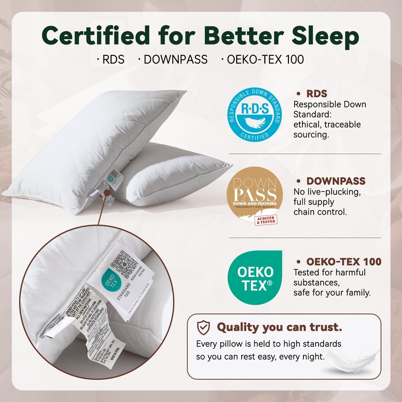 Three Geese White Goose Feather Cotton Pillows Queen Size Set
