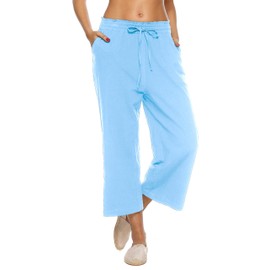 LNX Womens Linen Pants High Waisted Wide Leg Drawstring Casual Loose Trousers with Pockets