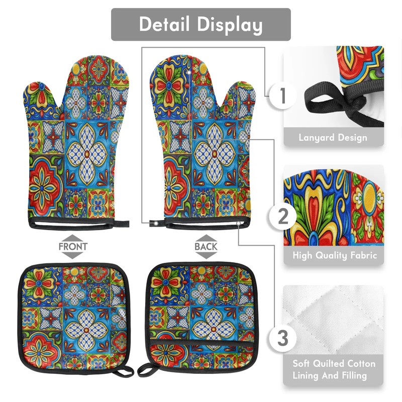Oven Mitts and Pot Holders Sets of 2,Mexican Talavera Flower