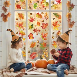 112 Pcs Fall Thanksgiving Window Clings - Happy Thanksgiving Glass Window Decorations, Fall Maple Leaves Stickers Decals Set for Indoor Outdoor Home Decoration Autumn Party Decor Favors, 9 Sheets