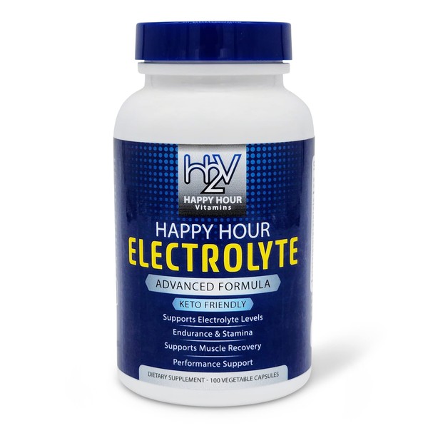 Happy Hour Vitamins Electrolyte Pill- 100 Pills- Dehydration, Muscle cramping, Performance, Keto & Rapid Recovery. Vegetarian Capsules w/Magnesium, Potassium, Sodium & Calcium Hydration Supplement